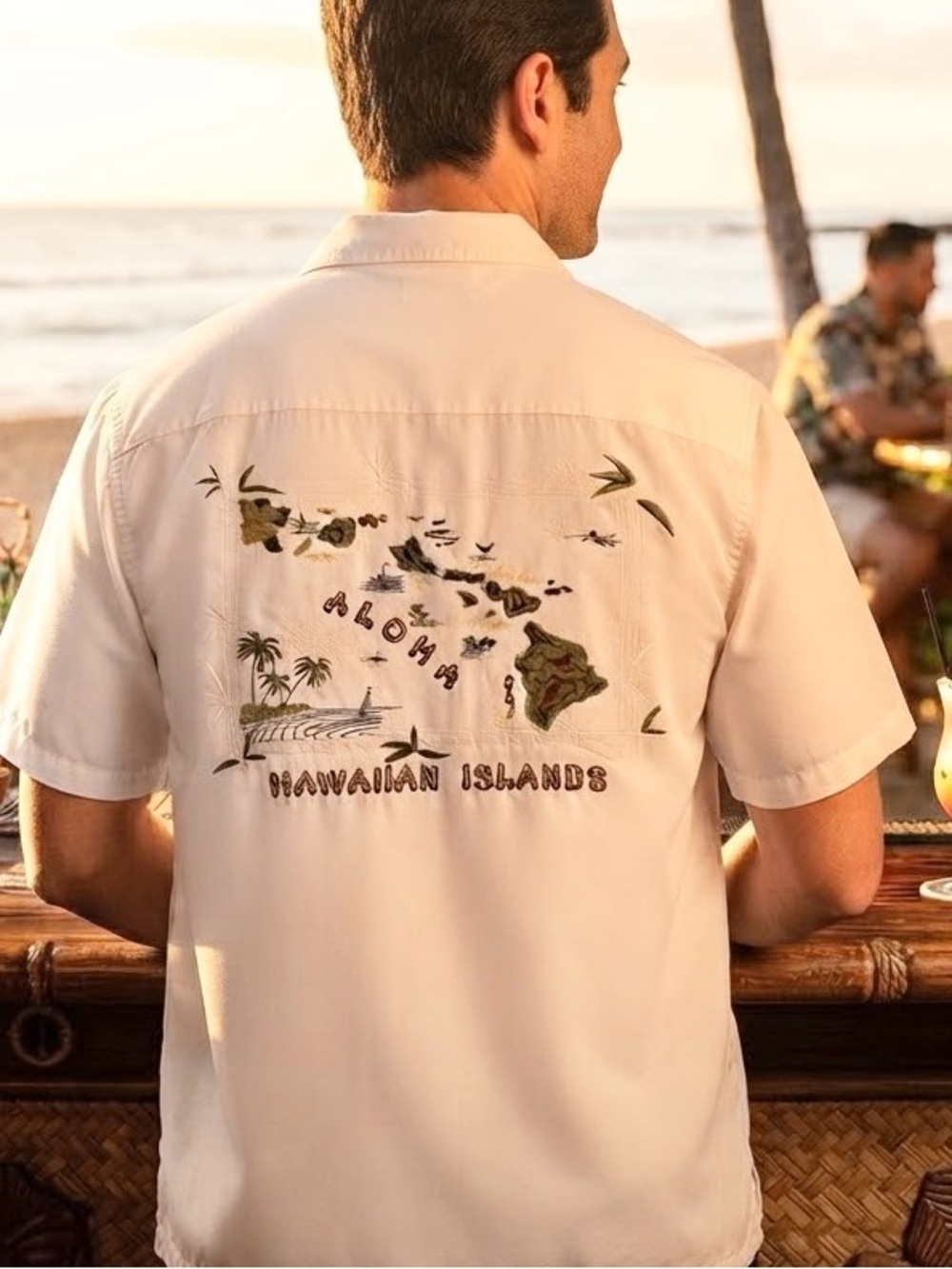 Vintage Hawaiian Islands Embroidered White Camp Bamboo Cay Shirt Men XL Resort